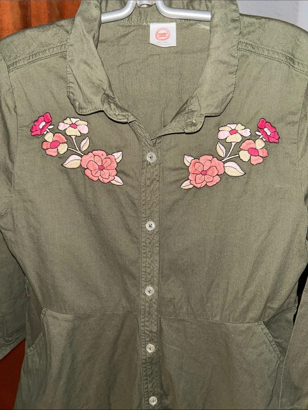 wonder nation Olive Green Button-Front Dress with Pink Floral Embroidery